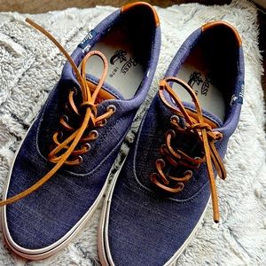 Men’s Denim Print Linen NEW Boat Shoes with Leather laces and accents